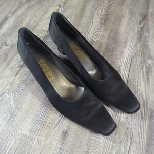 Salvatore Ferragamo Black Satin Block Heels Women's Size 9.5 2A Made In Italy